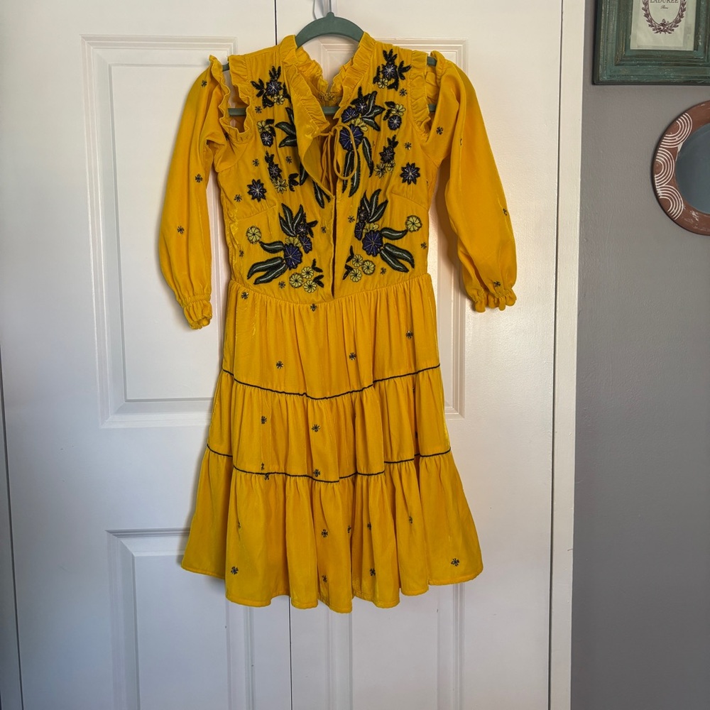 Anthropology Frock & Frill yellow velvet cold-shoulder dress w floral embroidery